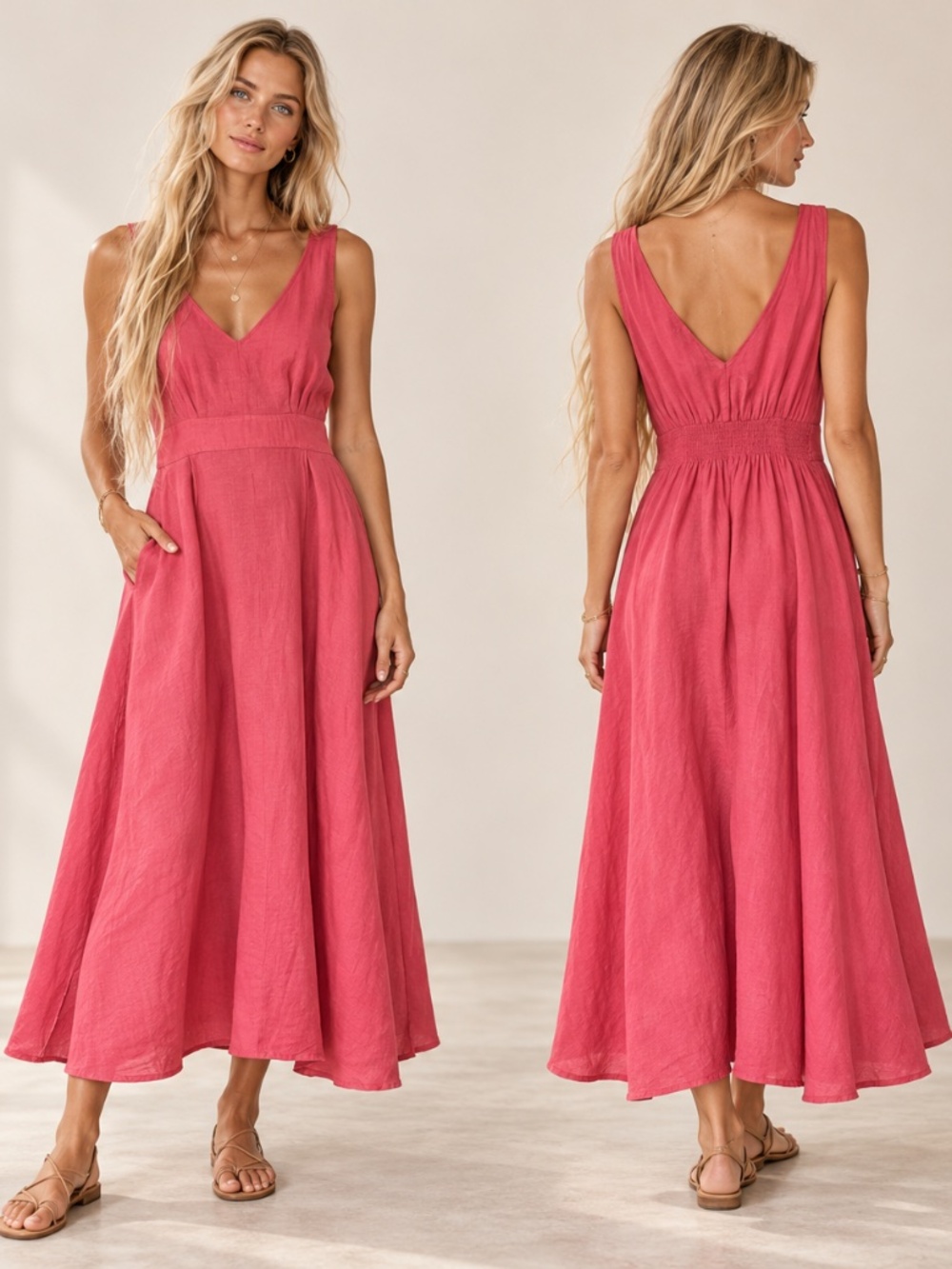 Joie 100% Linen Coral Pink Midi Dress Size 14 V Neck Pockets